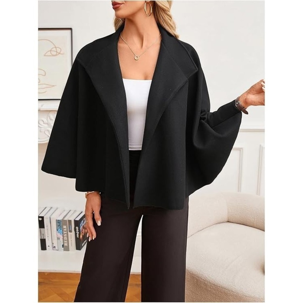 Women's Poncho Pea Cape Coat Mock Neck 3/4 Sleeve Belted Small